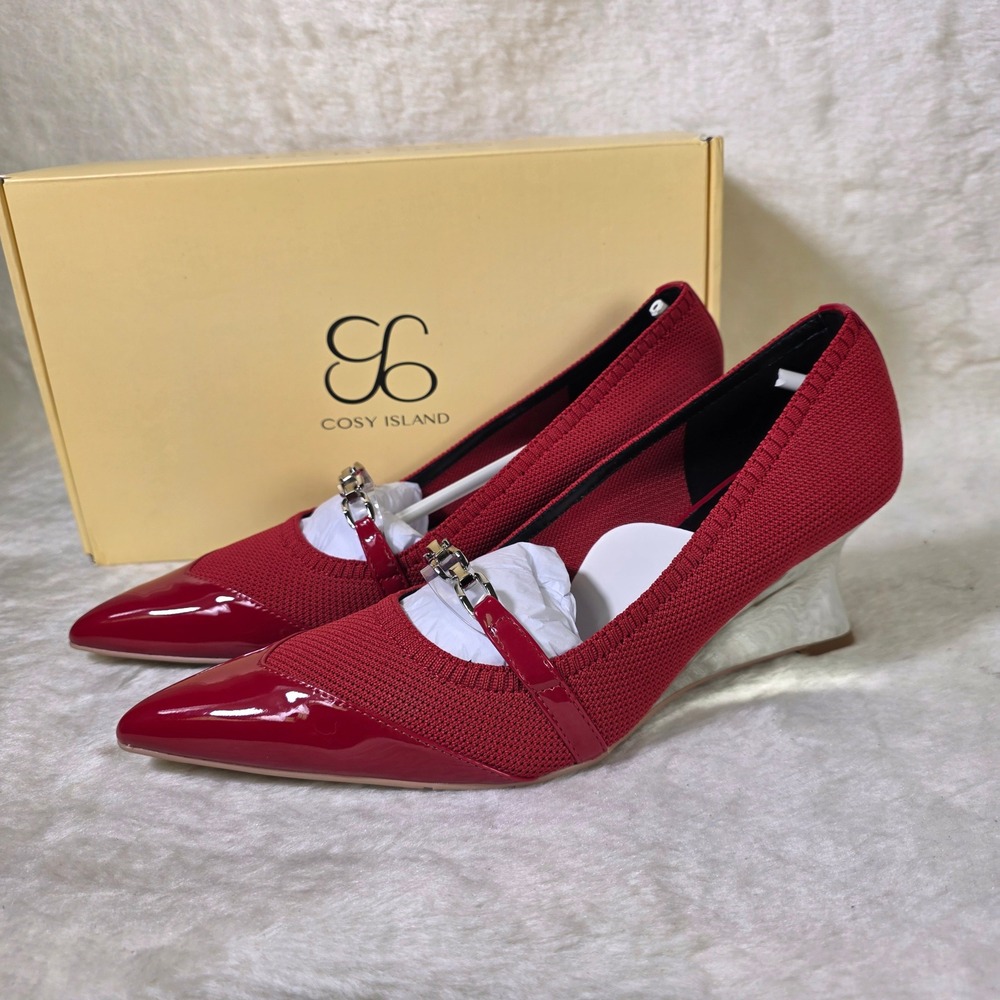Cosy Island Pumps Red Patent Cap Toe Metallic Silver Wedge Chain Womens 8 New